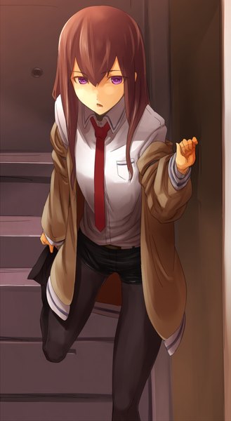 Anime picture 649x1183 with steins;gate white fox makise kurisu tef single long hair tall image looking at viewer open mouth brown hair purple eyes legwear under shorts girl shirt pantyhose necktie shorts sweater