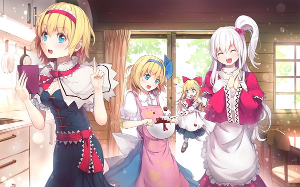 Anime picture 1920x1200 with touhou alice margatroid shanghai shinki (touhou) culter long hair looking at viewer blush highres short hair breasts open mouth blue eyes blonde hair smile multiple girls looking away cleavage silver hair indoors