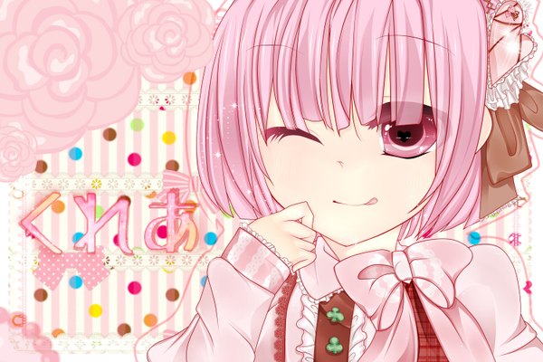 Anime picture 1500x1000 with sakuragi yuzuki short hair smile pink hair one eye closed pink eyes wink loli girl bow tongue