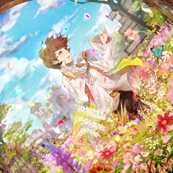 Anime picture 1200x1200 with original shigureteki blush blue eyes smile sky cloud (clouds) wind navel flower (flowers) plant (plants) shirt petals tree (trees) belt rose (roses) insect butterfly pants chamomile