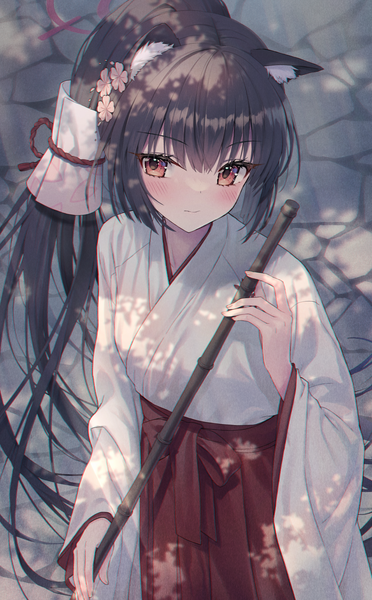 Anime picture 1000x1614 with blue archive serika (blue archive) serika (new year) (blue archive) kuro futoshi single long hair tall image looking at viewer blush fringe black hair hair between eyes red eyes animal ears traditional clothes japanese clothes from above official alternate costume miko girl