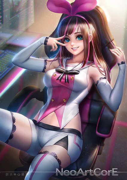 Anime picture 600x849 with virtual youtuber a.i. channel kizuna ai nudtawut thongmai single long hair tall image looking at viewer fringe smile brown hair sitting signed payot pink hair multicolored hair aqua eyes fingernails realistic two-tone hair