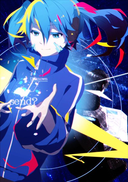 Anime picture 2894x4093 with kagerou project shaft (studio) ene (kagerou project) tsukun112 long hair tall image highres short hair blue eyes black hair sitting twintails blue hair girl boy jacket headphones chair