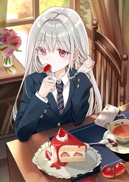 Anime picture 1414x2000 with original iren lovel single long hair tall image blush fringe red eyes holding looking away silver hair upper body indoors adjusting hair eating revision girl uniform flower (flowers) necktie