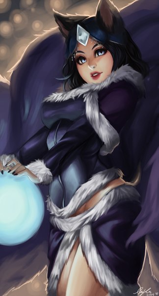 Anime picture 2000x3700 with league of legends ahri (league of legends) reikoni single tall image looking at viewer highres short hair blue eyes black hair signed animal ears tail nail polish animal tail fox ears fox tail multiple tails girl hair ornament