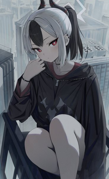 Anime picture 1767x2880 with blue archive kayoko (blue archive) hidulume single tall image looking at viewer highres short hair black hair red eyes sitting silver hair ponytail multicolored hair horn (horns) two-tone hair piercing ear piercing girl choker