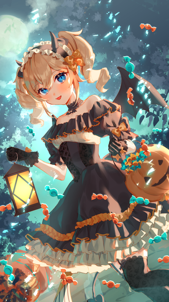 Anime-Bild 2250x4000 mit genshin impact barbara (genshin impact) harushio single tall image looking at viewer fringe highres short hair open mouth blue eyes blonde hair hair between eyes twintails outdoors tail :d horn (horns) drill hair short twintails