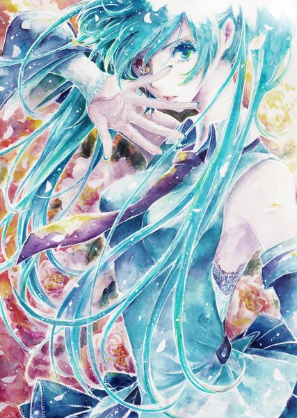 Anime picture 1067x1500 with vocaloid hatsune miku tooru (ornis) single long hair tall image looking at viewer twintails bare shoulders nail polish wind aqua hair heterochromia traditional media watercolor (medium) girl flower (flowers) detached sleeves petals necktie