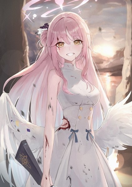 Anime picture 2480x3508 with blue archive mika (blue archive) jiang zhuti jiojio single long hair tall image looking at viewer fringe highres smile hair between eyes standing yellow eyes pink hair hair bun (hair buns) grin torn clothes white wings injury low wings