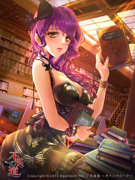 Anime picture 720x960 with furyou michi ~gang road~ wooju single long hair tall image looking at viewer breasts light erotic large breasts green eyes purple hair girl dress bow hair bow bracelet book (books) shelf bookshelf