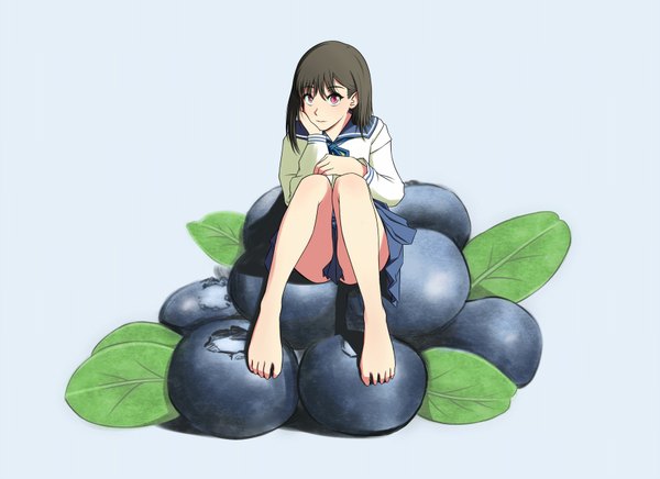 Anime picture 1753x1275 with original yamauchi (conan-comy) single looking at viewer fringe highres short hair light erotic black hair simple background hair between eyes sitting full body bent knee (knees) head tilt pleated skirt pink eyes barefoot bare legs shadow