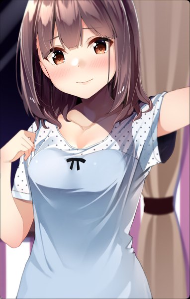 Anime picture 1241x1950 with original sana (allbyte) byte (allbyte) single long hair tall image looking at viewer blush fringe breasts smile hair between eyes brown hair standing brown eyes upper body indoors blurry outstretched arm girl