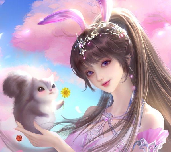 Anime picture 2593x2304 with douluo continent xiao wu tagme (artist) single long hair looking at viewer fringe highres brown hair purple eyes holding animal ears sky cloud (clouds) upper body outdoors ponytail blunt bangs lips realistic