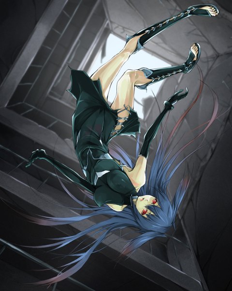 Anime picture 1000x1249 with original solru (tyappygain) single long hair tall image looking at viewer open mouth light erotic red eyes bare shoulders blue hair multicolored hair barefoot two-tone hair girl dress gloves elbow gloves black dress