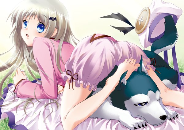 Anime picture 2899x2039 with little busters! key (studio) noumi kudryavka highres blue eyes silver hair dog
