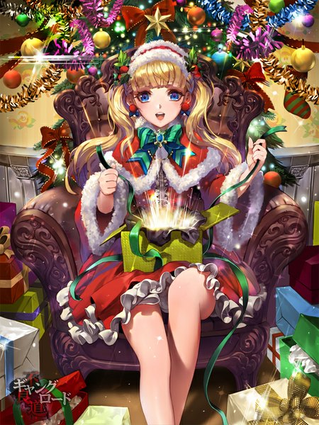 Anime picture 600x800 with furyou michi ~gang road~ tob single long hair tall image blush open mouth blue eyes blonde hair sitting twintails holding signed wide sleeves sparkle fur trim crossed legs looking down light christmas
