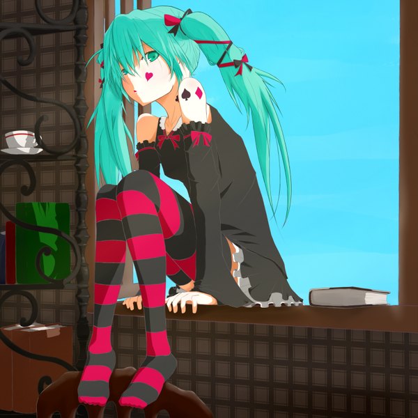 Anime picture 3000x3000 with vocaloid hatsune miku nucomiso single long hair highres sitting twintails green eyes green hair tattoo no shoes girl thighhighs ribbon (ribbons) hair ribbon detached sleeves striped thighhighs
