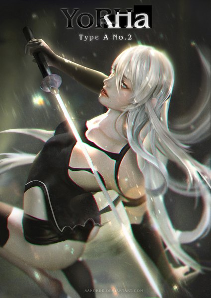 Anime picture 1400x1974 with nier nier:automata yorha type a no. 2 sangrde single long hair tall image looking at viewer fringe light erotic silver hair bent knee (knees) lips realistic mole character names watermark silver eyes anaglyph girl