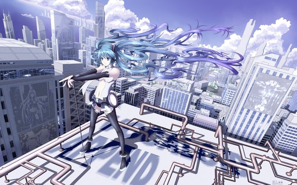 Anime picture 1600x1000 with vocaloid vocaloid append hatsune miku hatsune miku (append) long hair wide image twintails sky cloud (clouds) wind aqua hair city cityscape scenic girl headphones building (buildings) microphone skyscraper roof