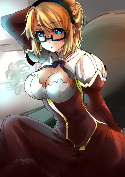 Anime picture 1500x2121 with freezing satellizer el bridget mai (4chan) single tall image highres short hair breasts open mouth blue eyes blonde hair large breasts cleavage puffy sleeves arm behind head alternate hairstyle hair up girl dress glasses