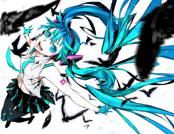 Anime picture 1602x1240 with vocaloid hatsune miku miwa shirow single looking at viewer open mouth simple background white background twintails blue hair very long hair multicolored hair aqua hair two-tone hair teeth pale skin jumping girl skirt gloves