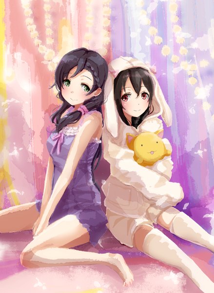 Anime picture 612x836 with love live! school idol project sunrise (studio) love live! yazawa nico toujou nozomi ivioss long hair tall image looking at viewer fringe black hair smile red eyes sitting twintails bare shoulders multiple girls animal ears bent knee (knees) braid (braids)