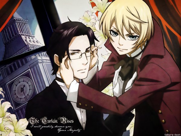 Anime picture 1400x1050 with kuroshitsuji a-1 pictures alois trancy claude faustus looking at viewer short hair blue eyes black hair blonde hair brown eyes yellow eyes inscription multiple boys boy gloves flower (flowers) shirt glasses bowtie 2 boys