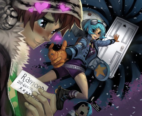 Anime picture 1280x1053 with scott pilgrim scott pilgrim (character) ramona flowers elsevilla blush short hair blue eyes brown hair multiple girls blue hair lips black eyes girl gloves 2 girls glasses shorts heart star (symbol) door