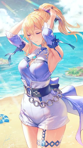 Anime picture 2160x3840 with genshin impact jean gunnhildr jean (sea breeze dandelion) (genshin impact) anbe yoshirou single long hair tall image blush fringe highres breasts blonde hair smile hair between eyes standing signed payot sky cleavage cloud (clouds)