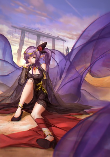 Anime picture 1748x2472 with original pixiv fantasia pixiv fantasia t c.z. single long hair tall image looking at viewer fringe highres breasts smile sitting yellow eyes sky cleavage purple hair cloud (clouds) outdoors head tilt