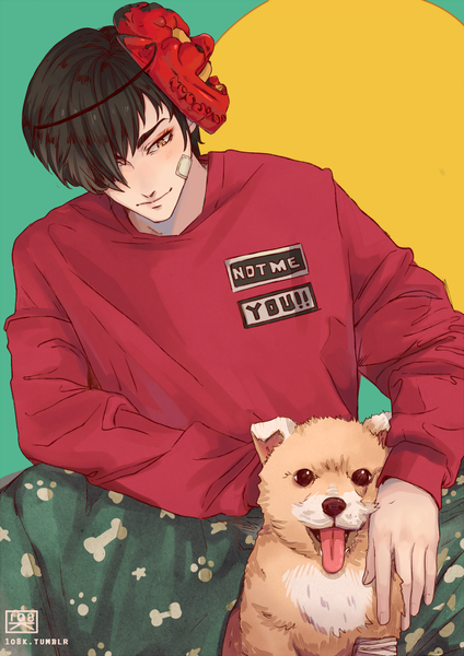 Anime picture 600x848 with original 1o8k single tall image fringe short hair black hair signed yellow eyes hair over one eye looking down mask on head bandaid on face boy animal mask bandaid dog