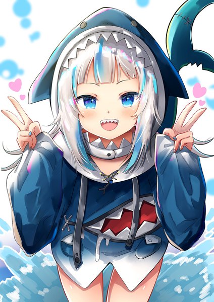 Anime picture 1060x1500 with virtual youtuber hololive hololive english gawr gura gawr gura (1st costume) renka (cloudsaikou) single long hair tall image looking at viewer blush open mouth blue eyes silver hair nail polish :d multicolored hair teeth streaked hair victory