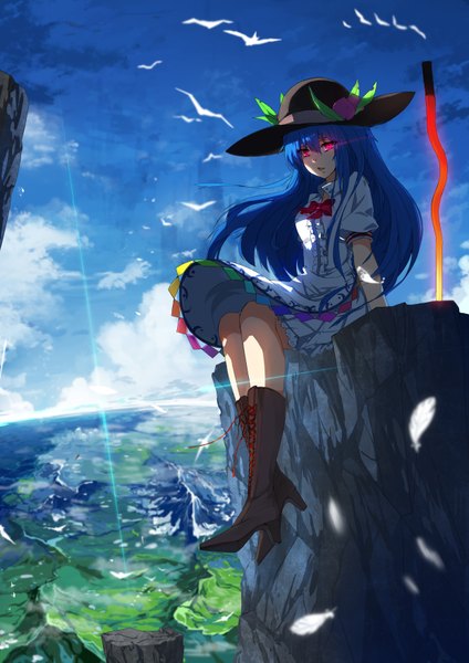 Anime picture 2480x3507 with touhou hinanawi tenshi baisi shaonian long hair tall image looking at viewer highres red eyes sitting blue hair sky cloud (clouds) mountain girl dress weapon hat animal sword boots