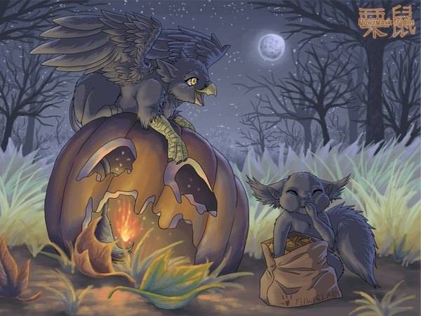 Anime picture 1152x864 with original flowerlark signed night halloween plant (plants) animal tree (trees) moon grass full moon fire forest vegetables jack-o'-lantern pumpkin