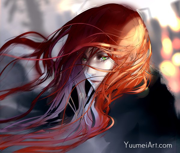 Anime picture 1500x1278 with fisheye placebo robin soloviev yuumei single long hair green eyes signed looking away upper body red hair wind blurry girl