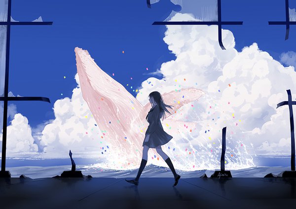 Anime picture 1000x707 with original ajimita single long hair brown hair signed looking away sky cloud (clouds) full body long sleeves profile pleated skirt walking abandoned girl skirt uniform animal water