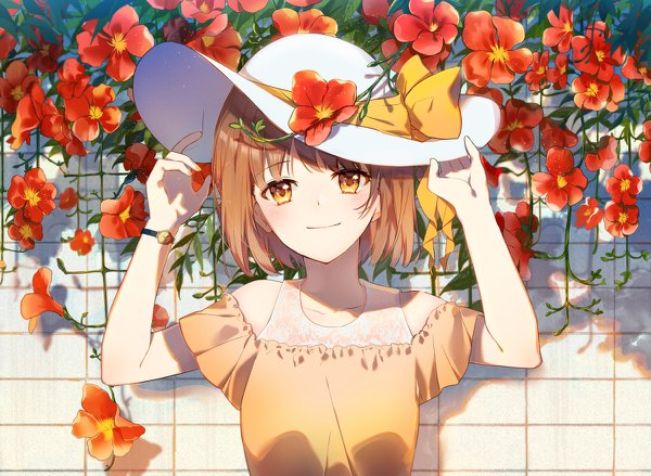 Anime picture 1200x878 with original omutatsu single looking at viewer blush fringe short hair brown hair yellow eyes upper body nail polish light smile off shoulder arms up adjusting hat girl flower (flowers) hat clock wall