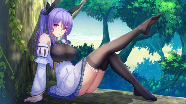 Anime-Bild 2668x1500 mit original xkc single long hair looking at viewer blush fringe highres breasts light erotic hair between eyes wide image large breasts bare shoulders payot purple hair ass outdoors parted lips pink eyes