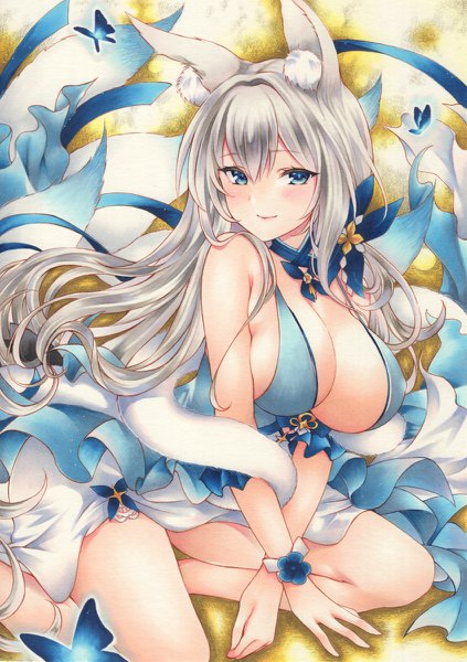 Anime picture 846x1200 with azur lane shinano (azur lane) shinano (light of the hazy moon) (azur lane) yoruoujito-tsukinohime single long hair tall image looking at viewer blush fringe breasts blue eyes light erotic simple background smile hair between eyes large breasts bare shoulders animal ears cleavage