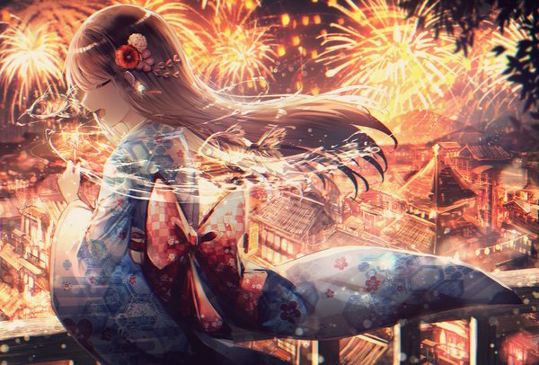 Anime picture 1582x1073 with original noyu (noyu23386566) single long hair open mouth black hair eyes closed traditional clothes japanese clothes profile fireworks architecture east asian architecture girl hair ornament animal obi fish (fishes) yukata kanzashi