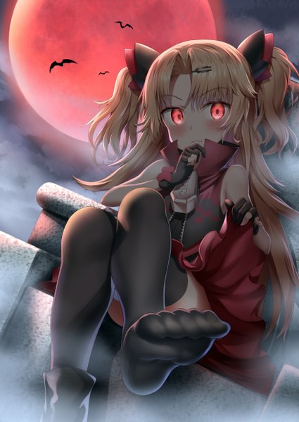 Anime picture 3509x4957 with virtual youtuber uni channel akatsuki uni nedia (nedia region) single long hair tall image looking at viewer blush fringe highres blonde hair red eyes sitting bare shoulders absurdres outdoors night fang (fangs) two side up