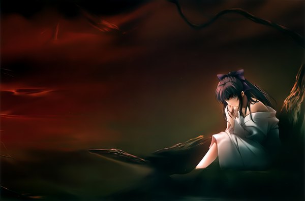 Anime picture 4000x2641 with cartagra kouzuki kazuna sugina miki single long hair fringe highres black hair sitting bare shoulders brown eyes looking away absurdres ponytail traditional clothes japanese clothes scan official art dark background girl