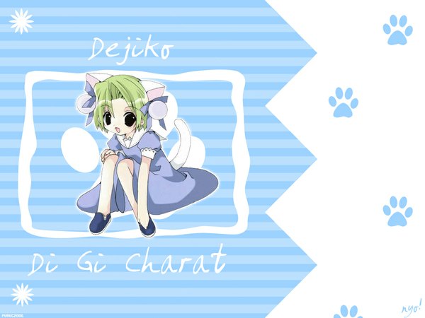 Anime picture 1024x768 with di gi charat madhouse dejiko koge donbo animal ears green hair cat girl blue background girl hat