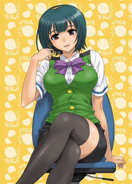 Anime picture 858x1200 with idolmaster otonashi kotori hida tatsuo single tall image looking at viewer short hair open mouth sitting brown eyes blue hair mole crossed legs mole under mouth girl thighhighs skirt black thighhighs headphones bowtie