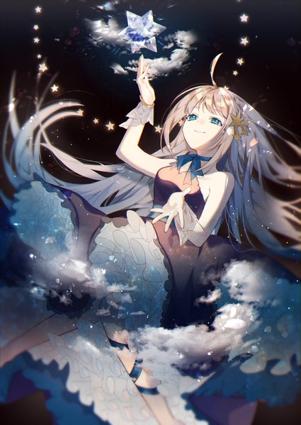 Anime picture 1000x1411 with original omutatsu single long hair tall image blush fringe breasts blue eyes simple background blonde hair smile bare shoulders payot sky cloud (clouds) ahoge arm up floating hair black background