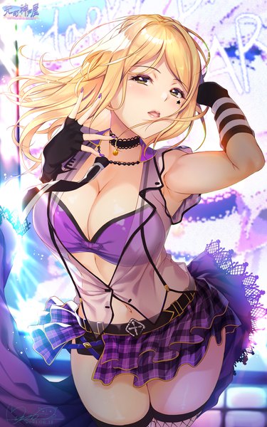 Anime picture 750x1200 with love live! sunshine!! sunrise (studio) love live! ohara mari hozumi kaoru single tall image looking at viewer blush fringe short hair breasts open mouth light erotic blonde hair large breasts standing brown eyes signed cleavage