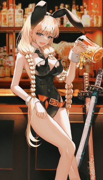 Anime picture 2000x3500 with original jisu lee single long hair tall image looking at viewer fringe highres breasts open mouth light erotic blonde hair smile large breasts standing holding animal ears indoors blunt bangs braid (braids)