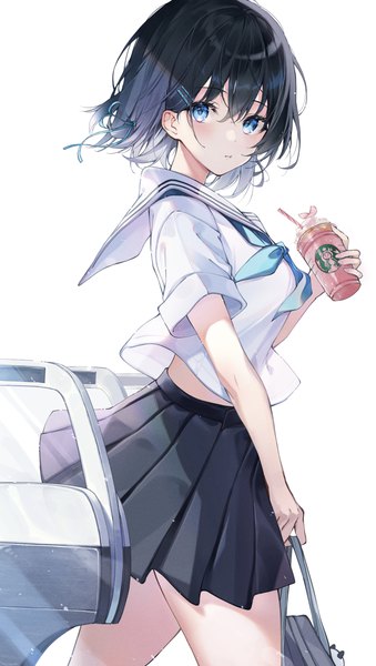 Anime picture 2254x3992 with original starbucks timmoo single tall image looking at viewer fringe highres short hair blue eyes black hair simple background hair between eyes white background pleated skirt turning head girl skirt uniform miniskirt