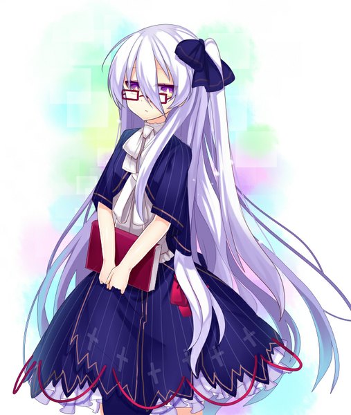 Anime picture 677x800 with original nyori single long hair tall image looking at viewer fringe simple background hair between eyes standing white background purple eyes white hair side ponytail girl dress bow hair bow pantyhose glasses
