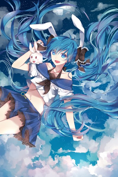 Anime picture 1000x1500 with vocaloid hatsune miku mekooo single tall image fringe blue eyes twintails bare shoulders animal ears blue hair sky cloud (clouds) very long hair bare belly bunny ears happy girl skirt navel